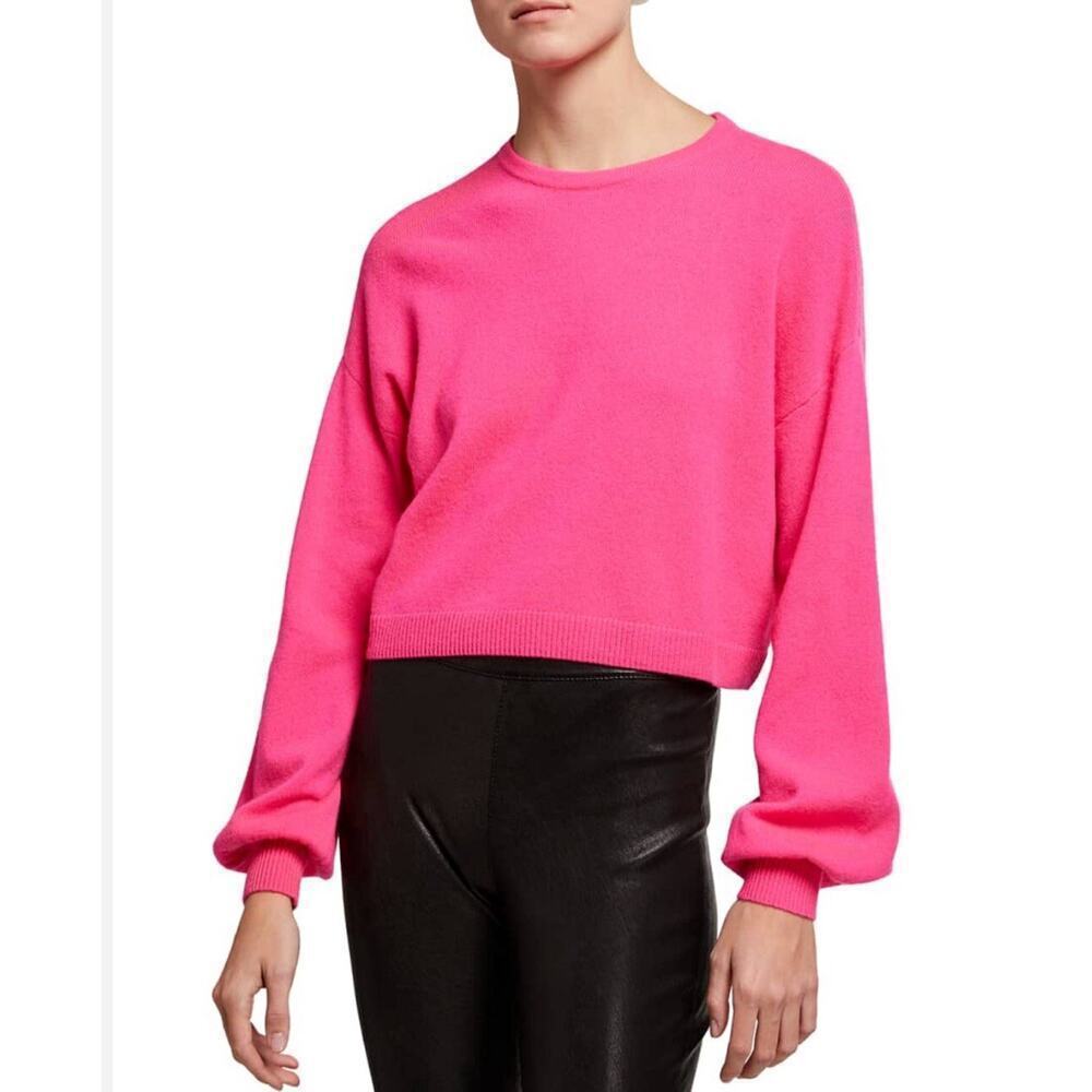 Alice+Olivia Bright Pink Cashmere Cropped Pullover Sweater S Balloon Sleeve $350 - Picture 1 of 6